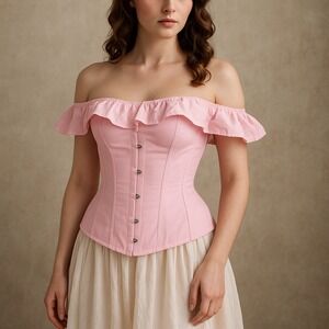 Corset‎ Story Pink Ruffle Cotton Off Shoulder Overbust Corset UK12 Steel Boned